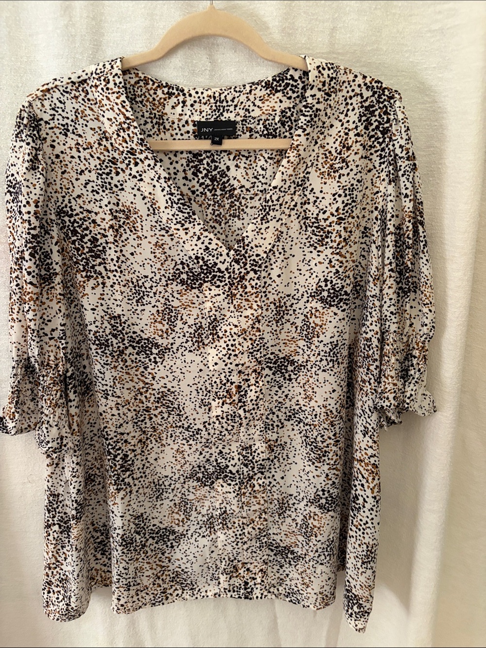 NY Collection Cream Blouse with Black and Tan Speckle Print